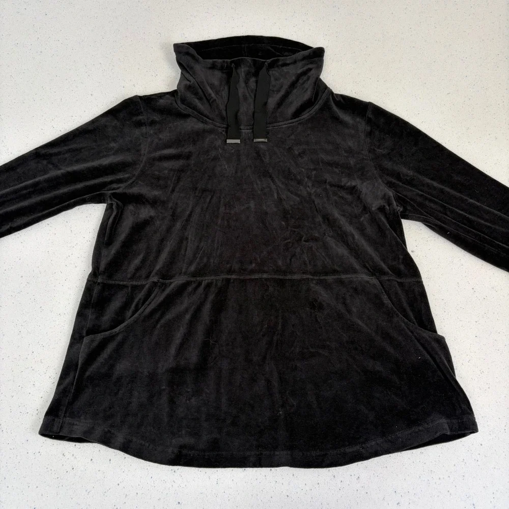 Chico's Zenergy Black‎ Velour Cowl Neck Tunic Pullover Kangaroo Pocket  Sz 12/14